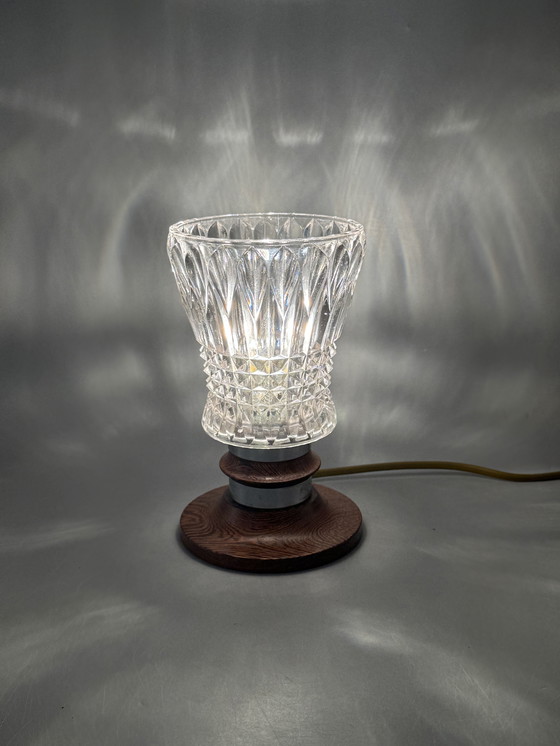 Image 1 of Mid-Century Table Lamp with Cut Glass Shade and Wooden Base – Vintage Design Lighting