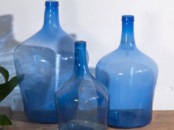 Antique blue colour demijohns (c.1920). Set of 3 pieces #1 – Glass & Decanter (photo 2 of 10)