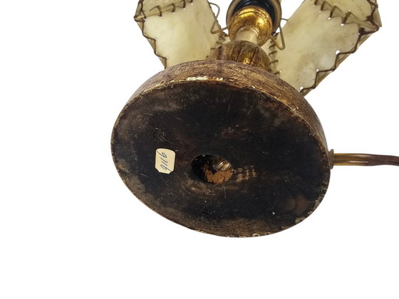 Image 1 of Italian wooden table lamp - gilded - Hollywood Regency style - pigskin handmade lampshade - 70's