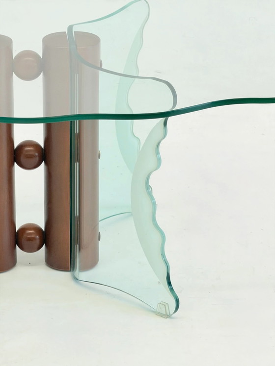 Vintage Postmodern Coffee Table with Wavy Glass and Wooden Spheres – Memphis (photo 4 of 8)
