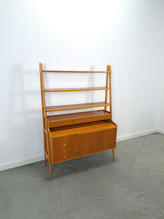 Image 1 of Teak Veneer Cabinet From Sweden With Drawers, Shelf And Extendable Shelf