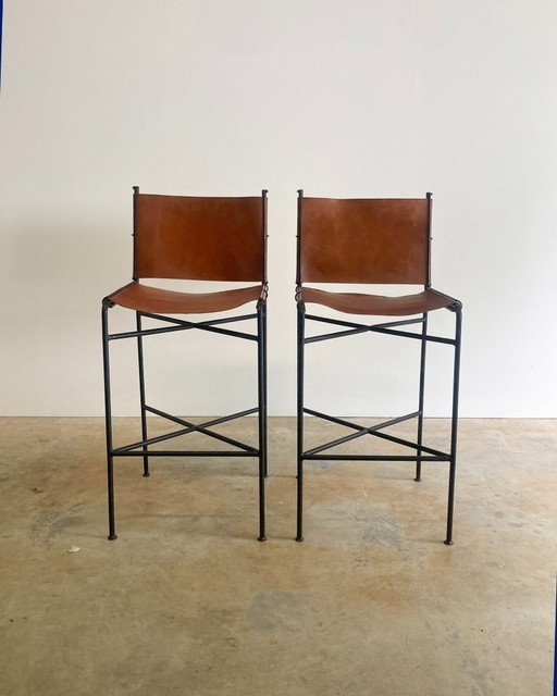 2x vintage leather designer bar stools