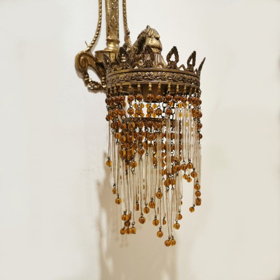 Image 1 of PAIR OF ART NOUVEAU BRASS LAMPS / WALL SCONCES WITH BEADS