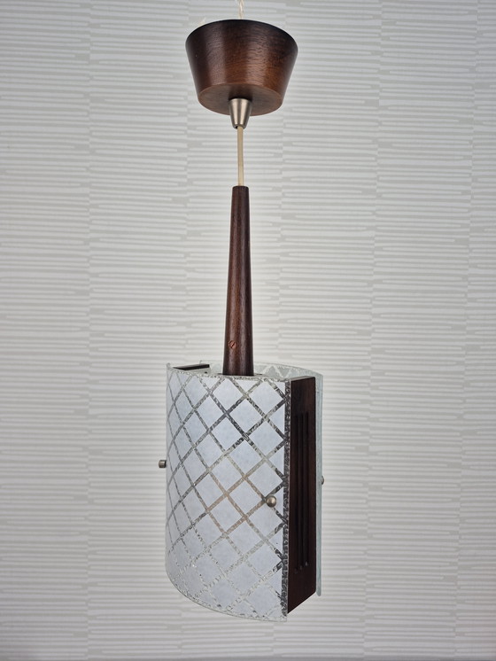 Image 1 of Mid-century pendant lamp in teak and embossed glass. Vintage lamp.