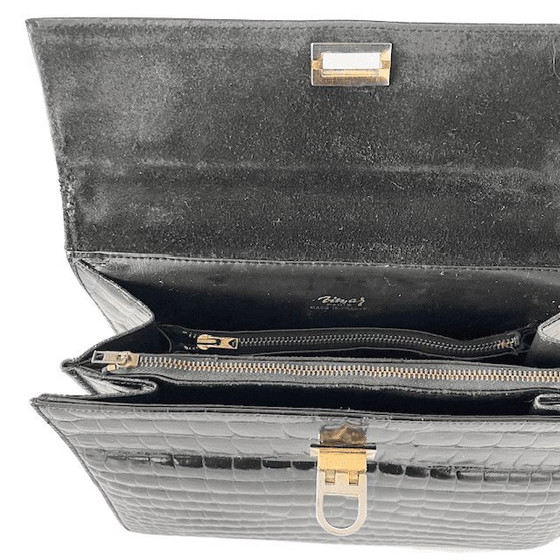 Image 1 of Sac à main vintage Vimar Paris en cuir verni noir imprimé crocodile, années 1960