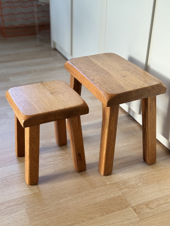 Image 1 of Vintage Brutalist Solid Oak Nesting Side Tables 70s
