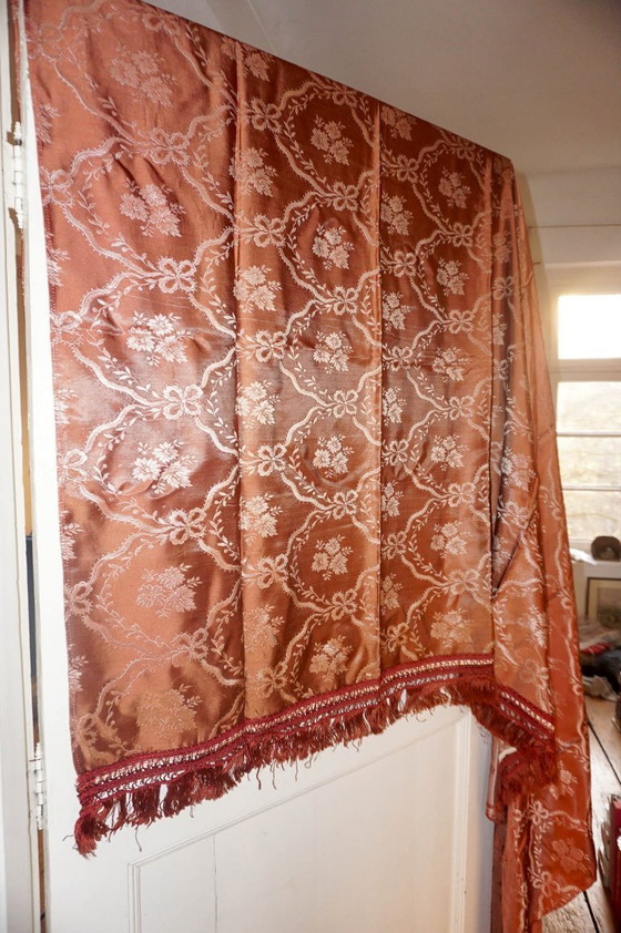 Image 1 of vintage italian silk jacquard bedspread * rose brown damask * floral brocade coverlet