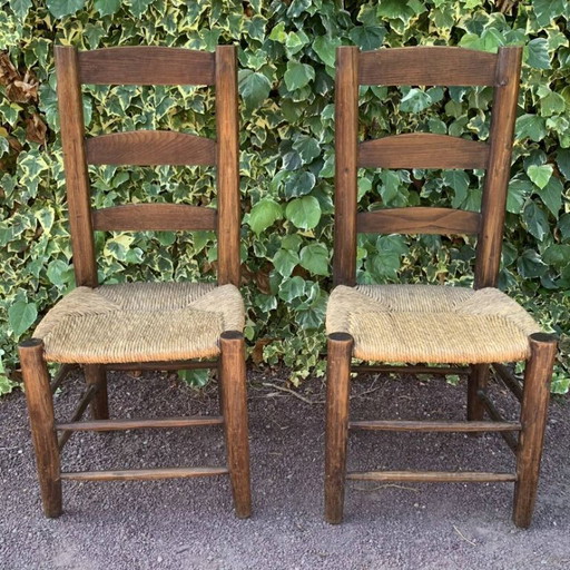 Zwei handgefertigte Stühle mit Strohsitzfläche aus massiver Eiche – eetkamerstoelen, Wood