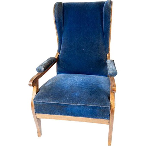 Poltrona vintage rivestita in velluto blu e mogano di Frits Henningsen