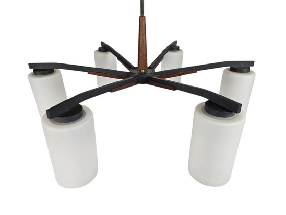 Image 1 of Vintage - Denmark - 6-armed ceiling lamp - teak - metal - opal glass - 60's