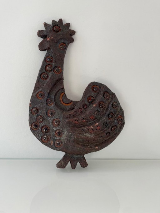 Rare sculpture murale en céramique brutaliste représentant un coq