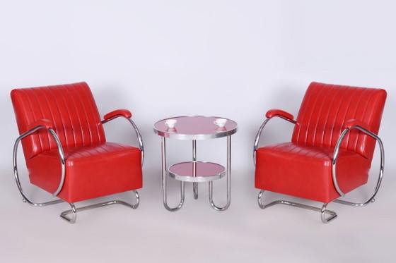 Coppia di poltrone Bauhaus restaurate, di Hynek Gottwald, in pelle, ceche, anni '30. – Leather, Metal (photo 6 of 17)