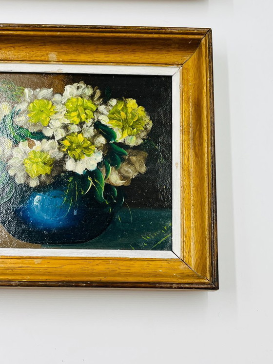 Image 1 of Paire de petites huiles florales vintage encadrées