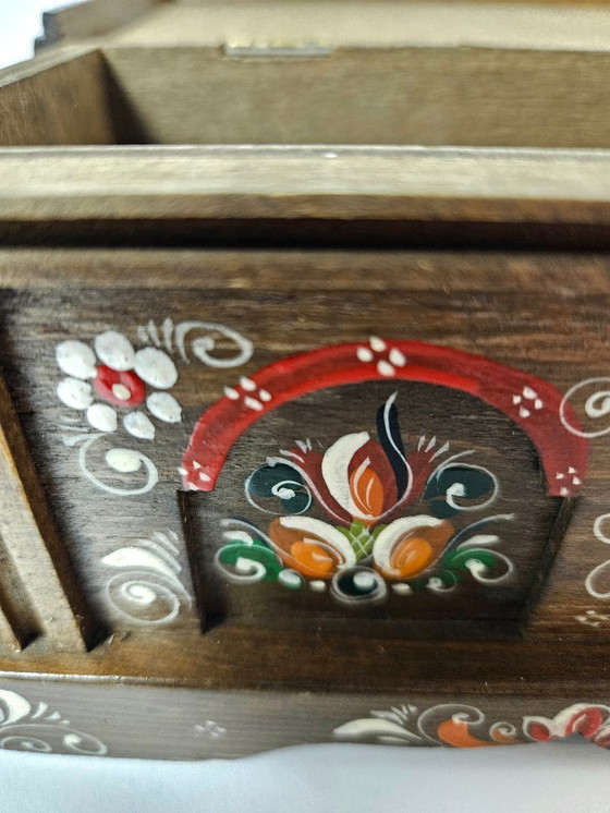 Image 1 of Vintage Wooden Hand Painted Floral German Bauernmalerei Storage Box | Bavarian Folk Art Trinket Box | Alpine Farmhouse Box
