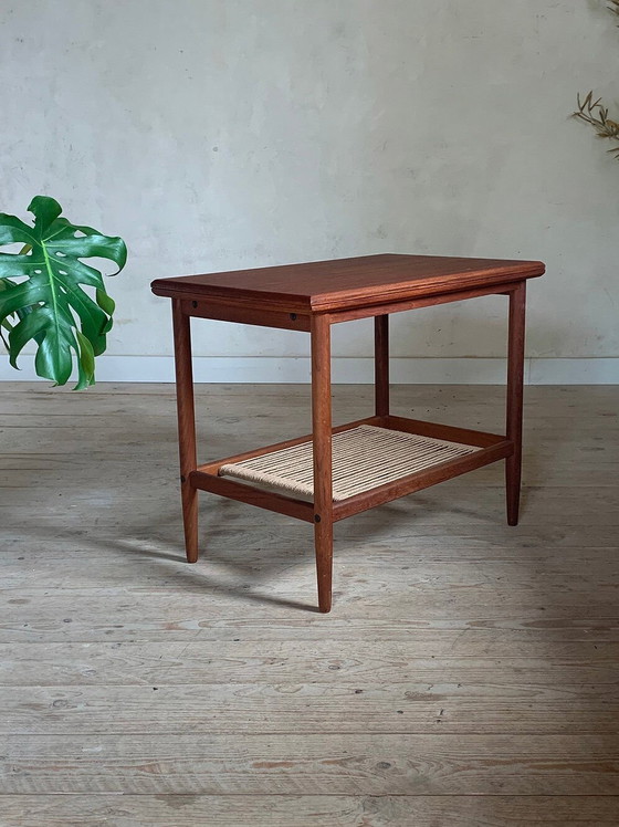 Vintage salontafel met tijdschriftenrek van teakhout en touw (photo 8 of 9)
