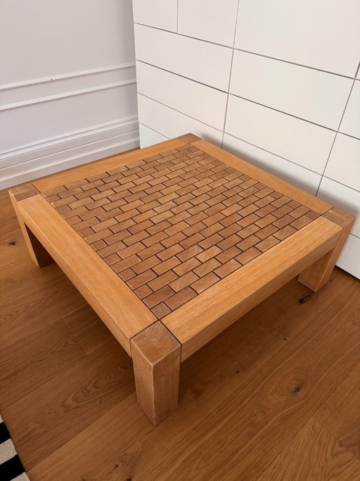 Salontafel met houten mozaïek inleg, brutalistische stijl, massief eikenhout