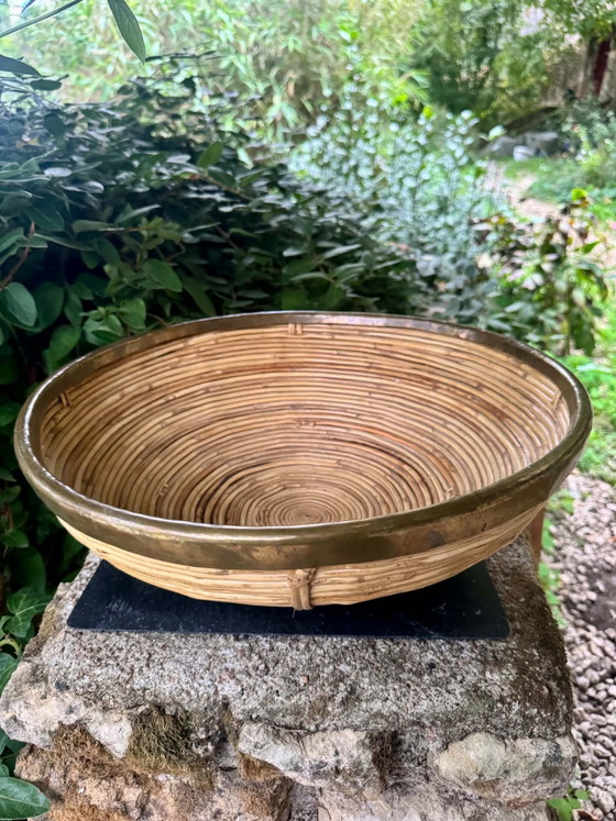 Large rattan brass basket Gabriella Crespi 60s, Decorative Objects, Multi Color (photo 6 of 8)