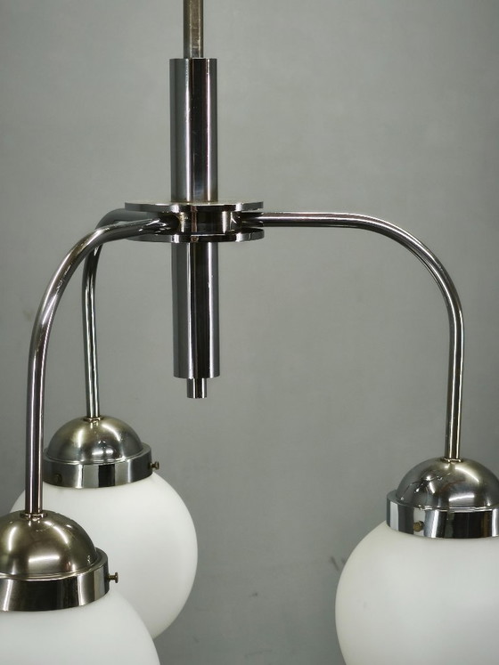 Image 1 of 1940s Czech Bauhaus Chandelier with Opaline Glass Globes