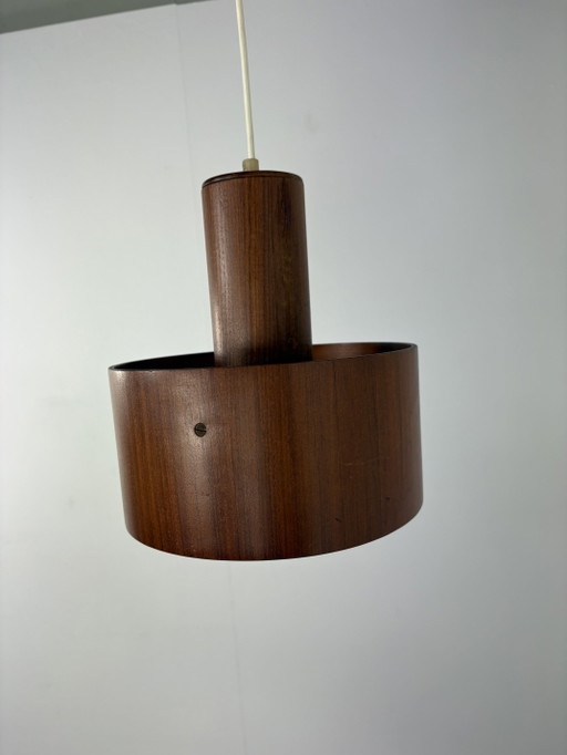 Temde Leuchten teak wood wooden veneer & plexiglas acrylic pendant hanging light lamp mid century modern 1970s seventies Swiss