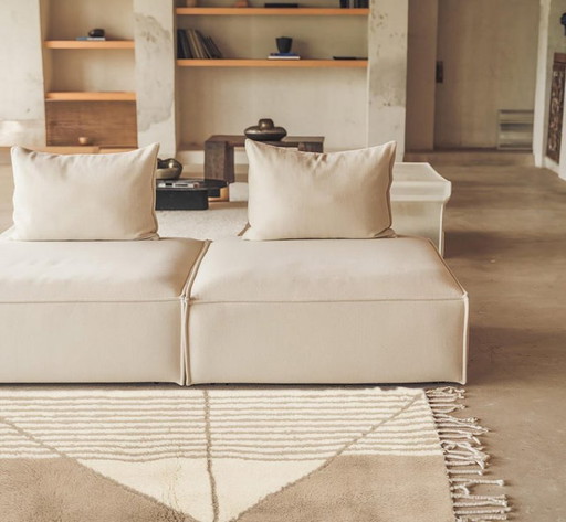 Alfombra marroquí abstracta moderna, alfombra Beni Ourain de lana color crema beige, 2x1 m.