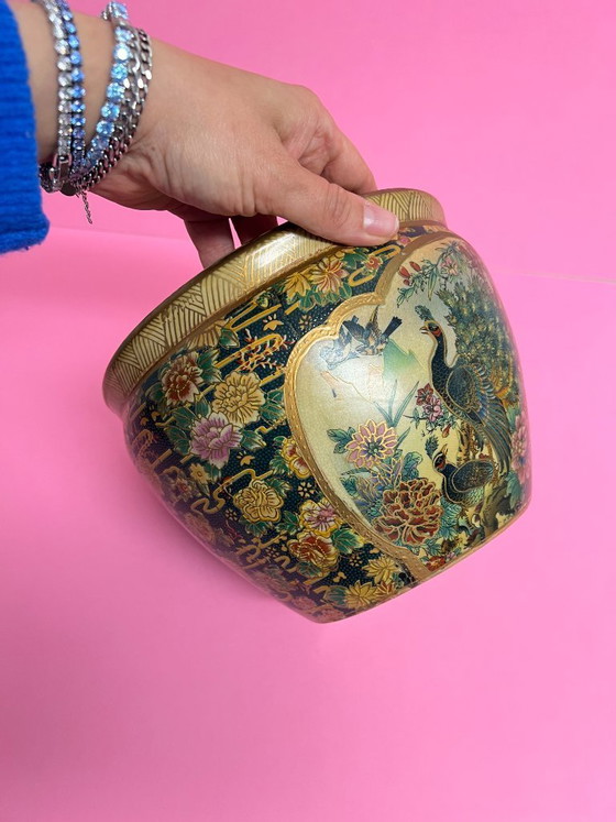Image 1 of Vintage Satsuma Cachepot Flower Pot Planter with Peacock Motif – Hand-Painted Asian Ceramics