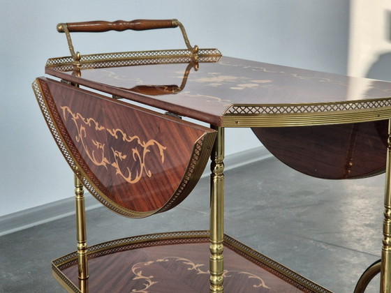 Image 1 of Serveerwagen barkar Trolley met zijkleppen, inleg van marqueterie, jaren 1970.