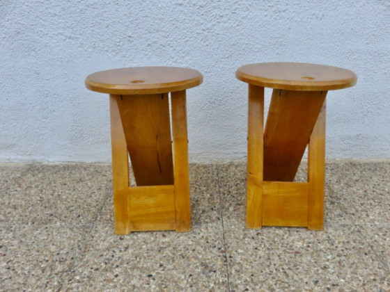 Een paar opklapbare krukjes van Roger Tallon, Sentou-editie, Frankrijk, 1980. – Wood (photo 3 of 14)