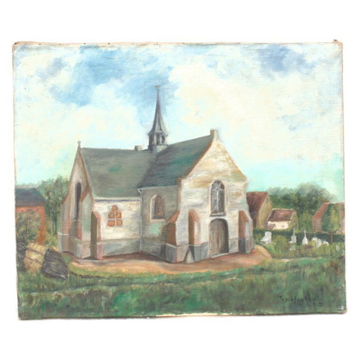 Huile sur toile vintage signée, représentant une église, nature morte de style champêtre, datant de 1950. Décoration murale.