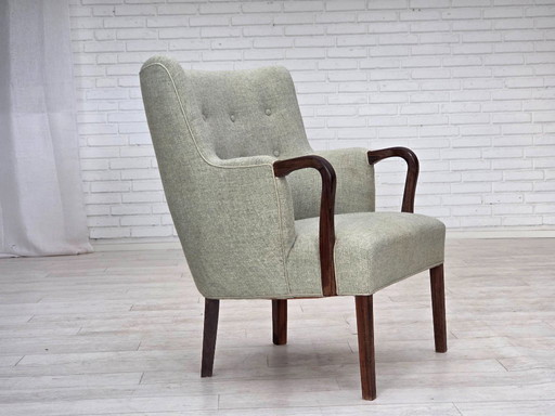 Fauteuil danois des années 1960, laine d'ameublement gris clair d'origine, bois de teck massif.