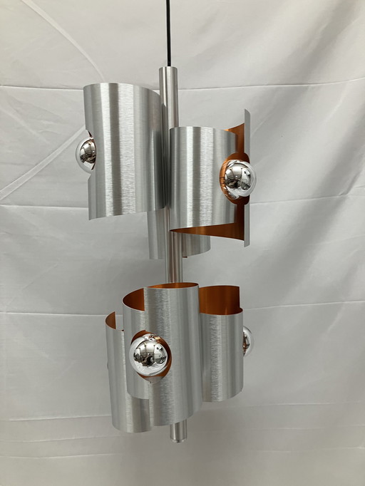 Vintage space age hanglamp, Polam, geborsteld aluminium