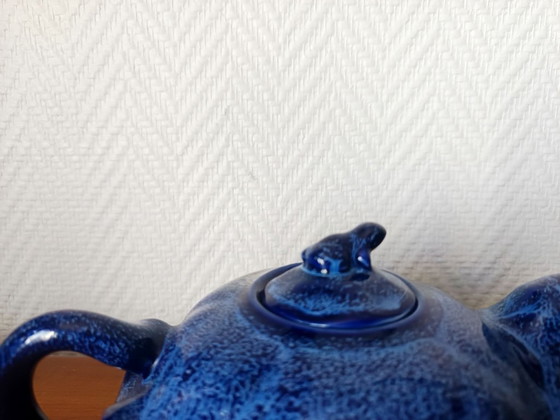 Image 1 of Art Deco blue ceramic teapot with frog