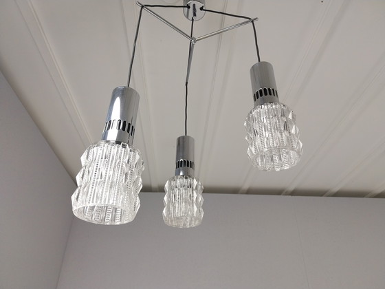 Image 1 of Vintage Hanglamp met 3 Lichtpunten (Chroom + Glas), Jaren 70