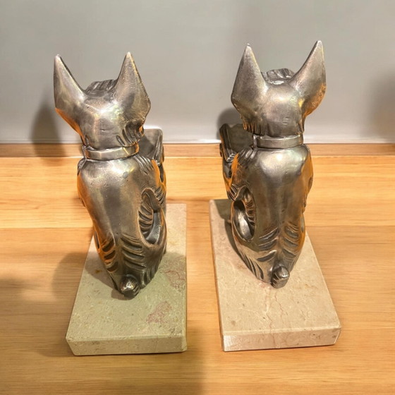 Pair of Art Deco Silver-Pewter Bookends - Reading Scotch Terriers on Marble Bases, Compact Size. (photo 3 of 9)