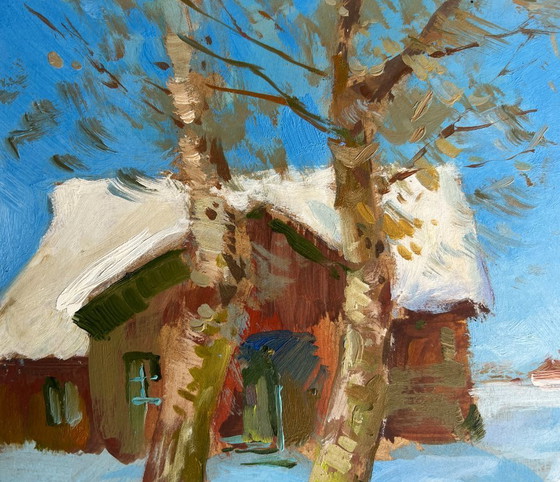 Image 1 of Original Oil Painting Winter Village Landscape Quiet village in winter