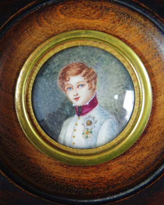 Image 1 of Ritratto miniatura Tondo Napoleone II ufficiale dipinto a mano a guazzo XIX secolo
