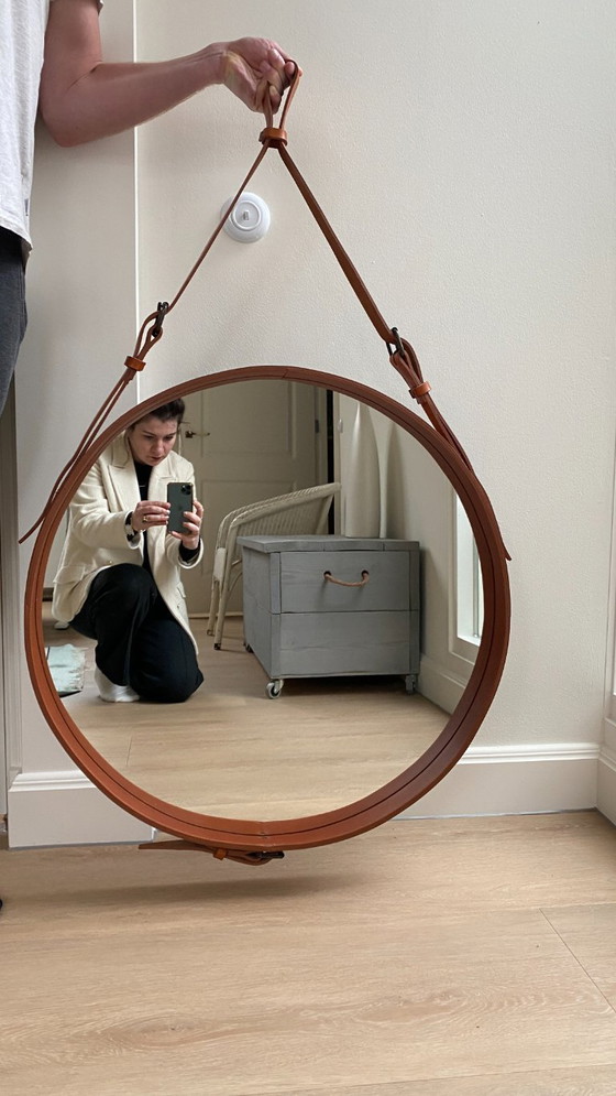 Image 1 of Gubi mirror brown leather Ø70