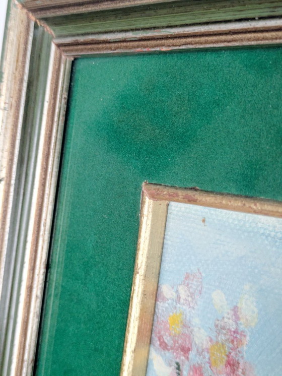 Image 1 of Vintage Robin Oil Painting, Blossoms, Green Velvet Mat, Signed