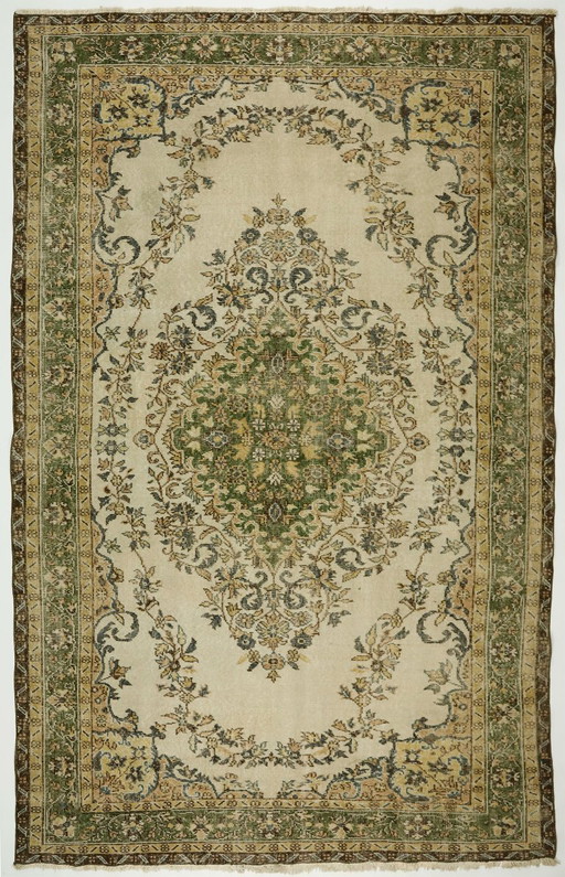 Tappeto turco vintage 300x186 cm – Grande tappeto in lana annodato a mano con motivo floreale color crema e verde tenue