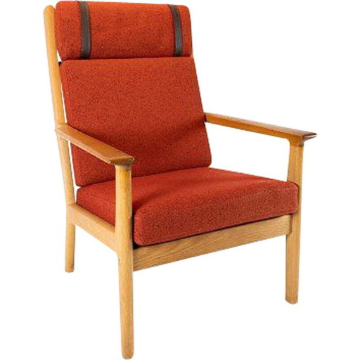 Grande poltrona vintage in rovere e tessuto di lana rossa di Hans J. Wegner e Getama 1960