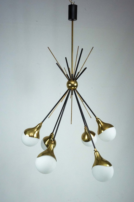 Image 1 of Mid-Century Italian 6-Arm Stilnovo Brass and opaline Glass Chandelier, 1950s