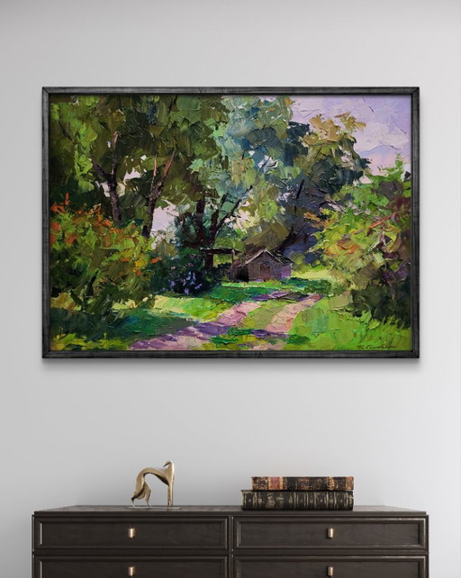 Original Oil Painting Rural Landscape Nature Green Leaves Of Spring – schilderijen tekeningen, Canvas (photo 2 of 7)