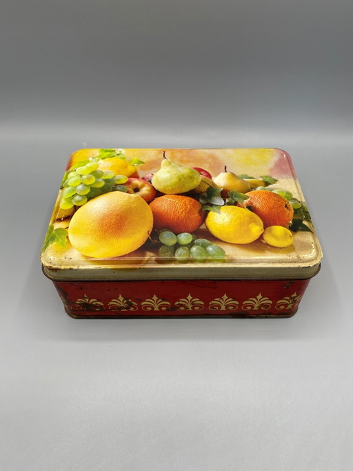 Vintage lithografische blikken doos met stilleven van fruit. – decoratieve objecten, Iron