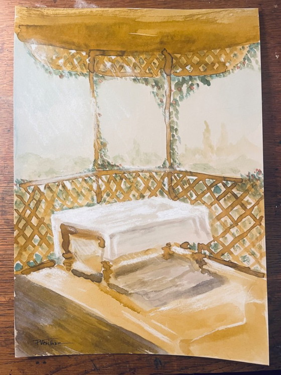 Image 1 of Watercolor painting signed "Provençal table under the arbor"
