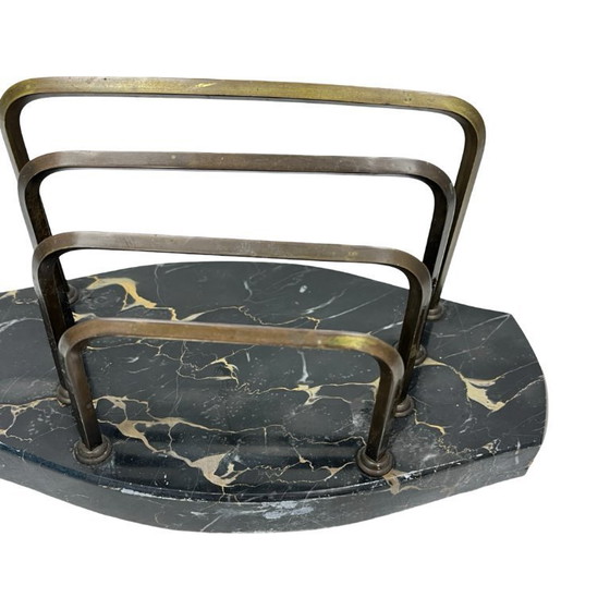 Image 1 of Art Deco Executive Desk Set: Letter Holder and Blotter – Portoro Marble and Brass – 1930s