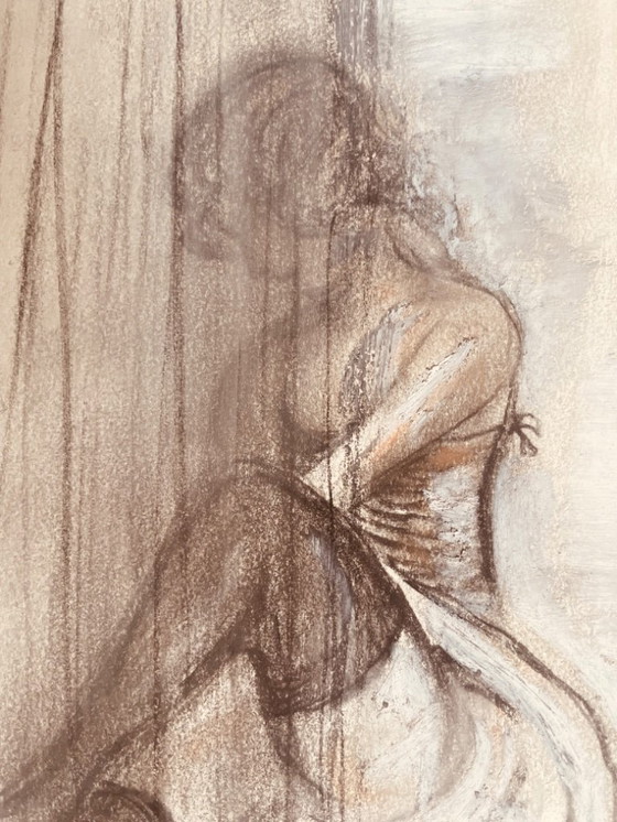 Image 1 of Signed charcoal and white pastel painting, female portrait "fitting"