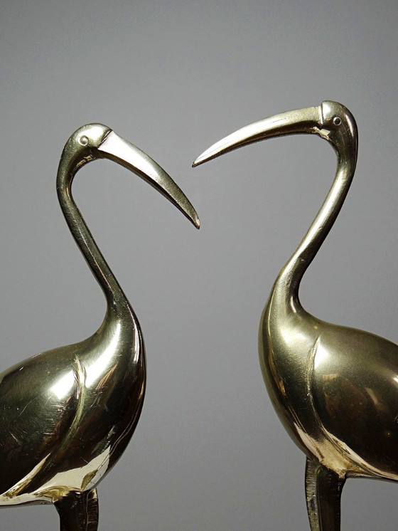 Image 1 of Paire de grands sujets Grues, Oiseaux en laiton décoratif Mid-Century vintages