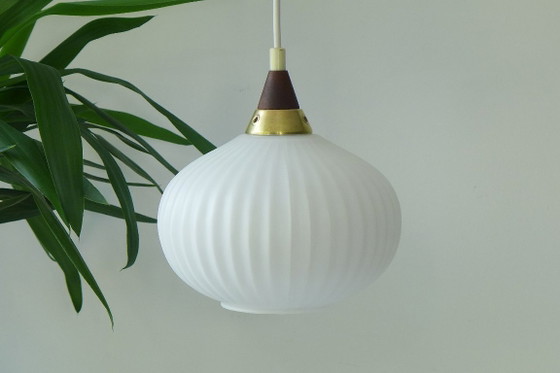 Image 1 of Vintage hanging lamp Danish design opal glass lamp teak 60s 70s