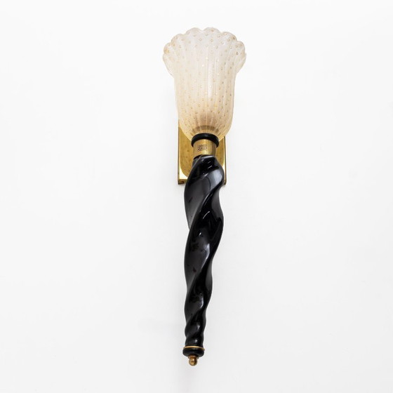Image 1 of Pair of Italian Murano Glass Wall Sconces with Gold Dust Inclusions and Brass
