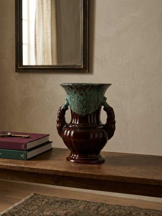 Large brown and turquoise enameled ceramic vase – ADP, Varages France - 27 cm (photo 2 of 10)