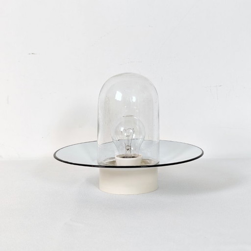 Vintage Industrial Enamel Wall Sconce / 1970s Yugoslavia TEP Era Flush Mount Ceiling Light / Clear Glass Capsule Lamp 